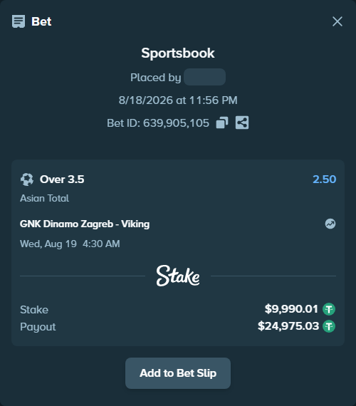 Bet slip: GNK Dinamo Zagreb - Viking, $10,000.00 stake at 2.50 odds, placed by artur58500