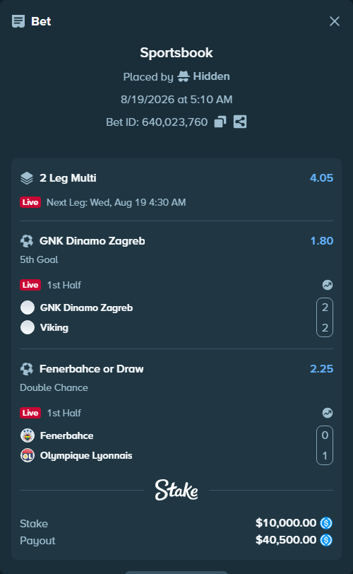 Bet slip: GNK Dinamo Zagreb - Viking, $10,000.00 stake at 1.80 odds, placed by Hidden