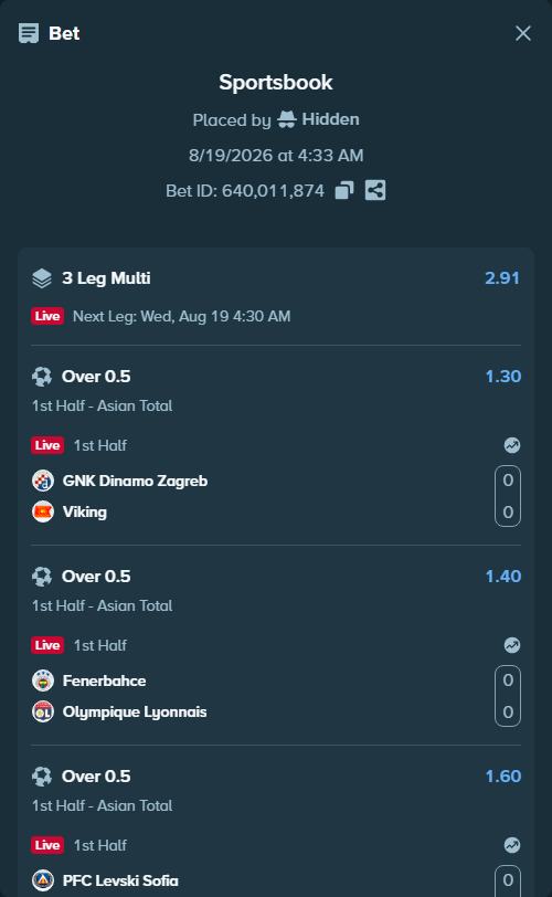 Bet slip: GNK Dinamo Zagreb - Viking, $140,140.00 stake at 1.30 odds, placed by Hidden