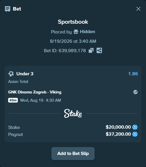 Bet slip: GNK Dinamo Zagreb - Viking, $20,000.00 stake at 1.86 odds, placed by Hidden