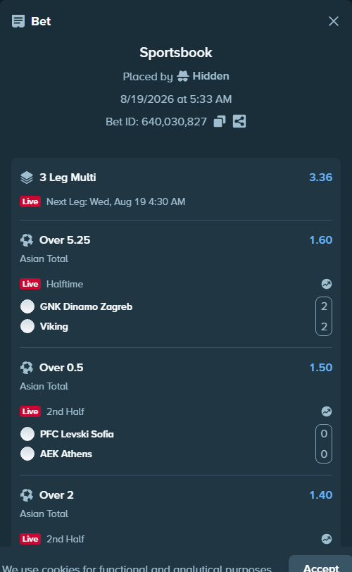 Bet slip: GNK Dinamo Zagreb - Viking, $20,020.00 stake at 1.60 odds, placed by Hidden