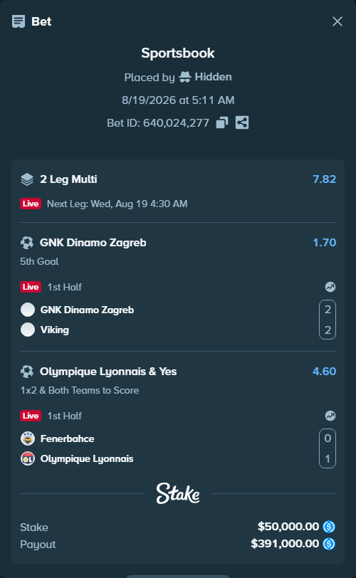 Bet slip: GNK Dinamo Zagreb - Viking, $50,000.00 stake at 1.70 odds, placed by Hidden