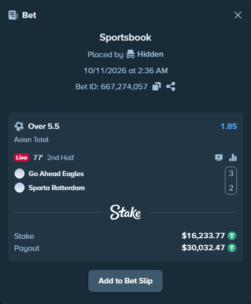 Bet slip: Go Ahead Eagles - Sparta Rotterdam, $16,250.00 stake at 1.85 odds, placed by Hidden