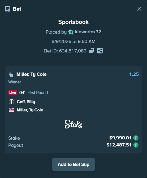 Bet slip: Goff, Billy - Miller, Ty Cole, $10,000.00 stake at 1.25 odds, placed by klowertox32