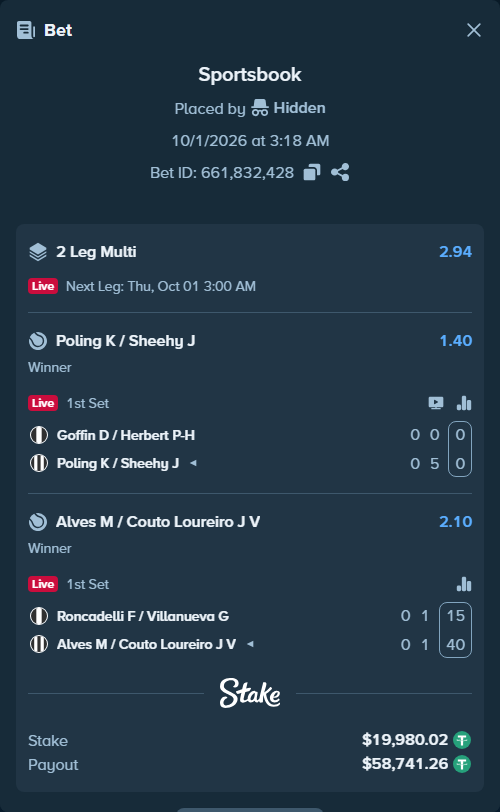 Bet slip: Goffin D / Herbert P-H - Poling K / Sheehy J, $20,000.00 stake at 1.40 odds, placed by Hidden