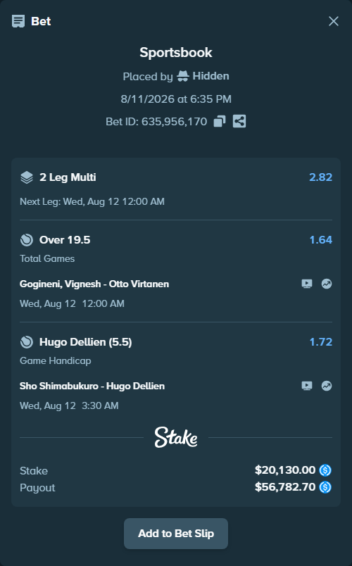 Bet slip: Gogineni, Vignesh - Otto Virtanen, $20,130.00 stake at 1.64 odds, placed by Hidden