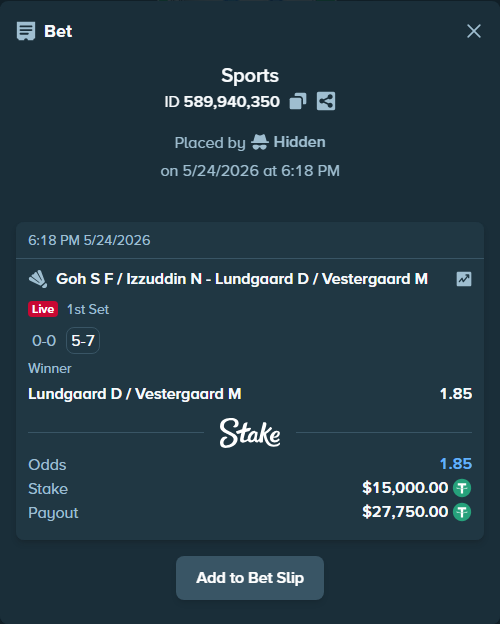 Bet slip: Goh S F / Izzuddin N - Lundgaard D / Vestergaard M, $15,000.00 stake at 1.85 odds, placed by Hidden