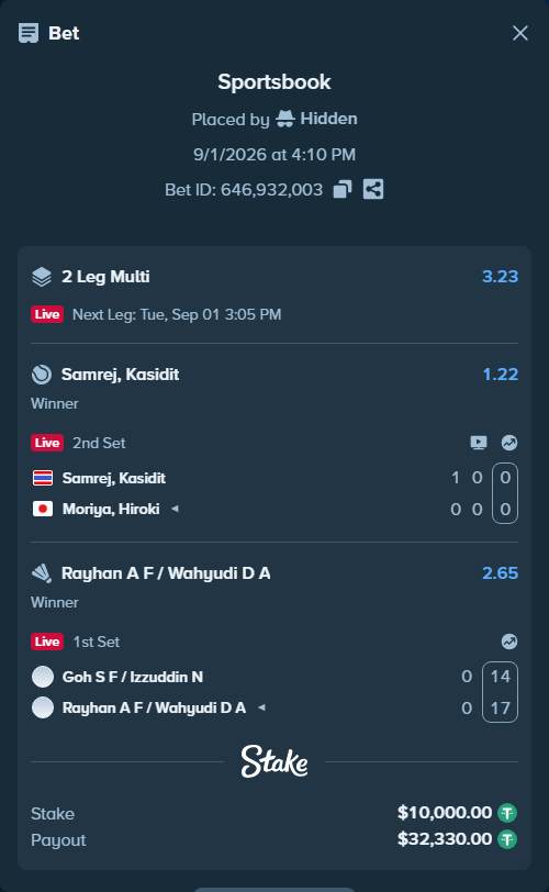 Bet slip: Goh S F / Izzuddin N - Rayhan A F / Wahyudi D A, $10,000.00 stake at 2.65 odds, placed by Hidden