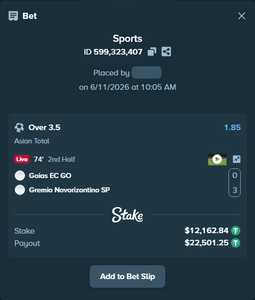 Bet slip: Goias EC GO - Gremio Novorizontino SP, $12,175.00 stake at 1.85 odds, placed by rmaghsdudthd