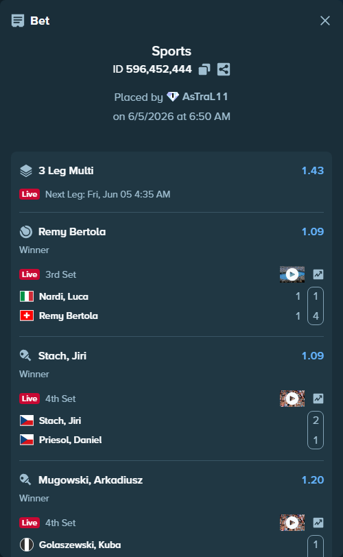 Bet slip: Golaszewski, Kuba - Mugowski, Arkadiusz, $15,015.00 stake at 1.20 odds, placed by AsTraL11