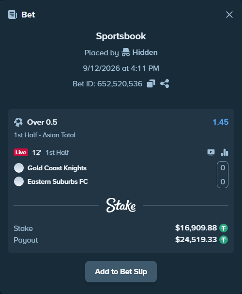 Bet slip: Gold Coast Knights - Eastern Suburbs FC, $16,909.88 stake at 1.45 odds, placed by Hidden