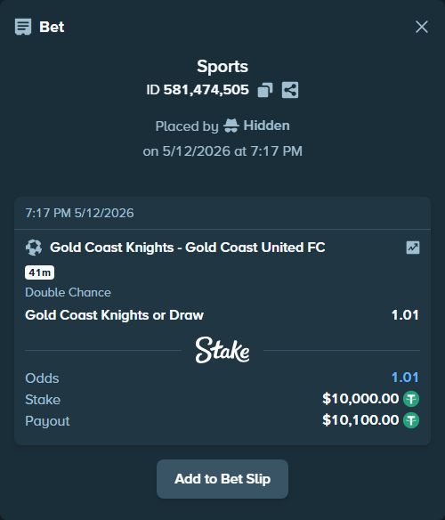 Bet slip: Gold Coast Knights - Gold Coast United FC, $10,000.00 stake at 1.01 odds, placed by Hidden
