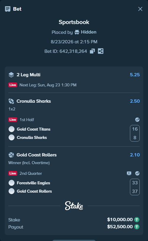 Bet slip: Gold Coast Titans - Cronulla-Sutherland Sharks, $10,000.00 stake at 2.50 odds, placed by Hidden