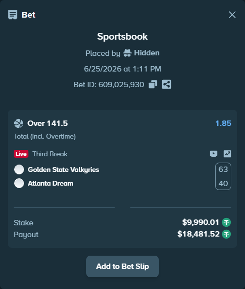 Bet slip: Golden State Valkyries - Atlanta Dream, $10,000.00 stake at 1.85 odds, placed by ricky7wdr