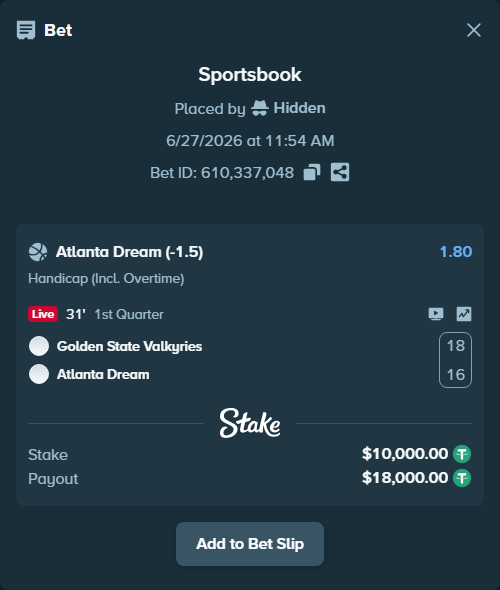 Bet slip: Golden State Valkyries - Atlanta Dream, $10,010.00 stake at 1.80 odds, placed by Hidden