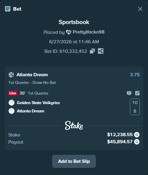 Bet slip: Golden State Valkyries - Atlanta Dream, $13,946.39 stake at 3.75 odds, placed by Prettylfacko98