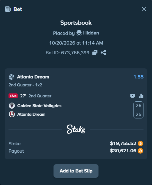 Bet slip: Golden State Valkyries - Atlanta Dream, $19,804.83 stake at 1.55 odds, placed by Hidden