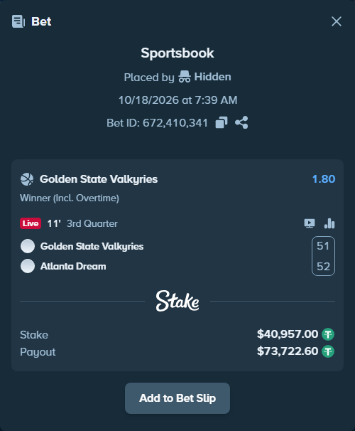 Bet slip: Golden State Valkyries - Atlanta Dream, $40,997.96 stake at 1.80 odds, placed by Hidden