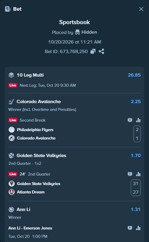 Bet slip: Golden State Valkyries - Atlanta Dream, $50,000.00 stake at 1.70 odds, placed by Hidden