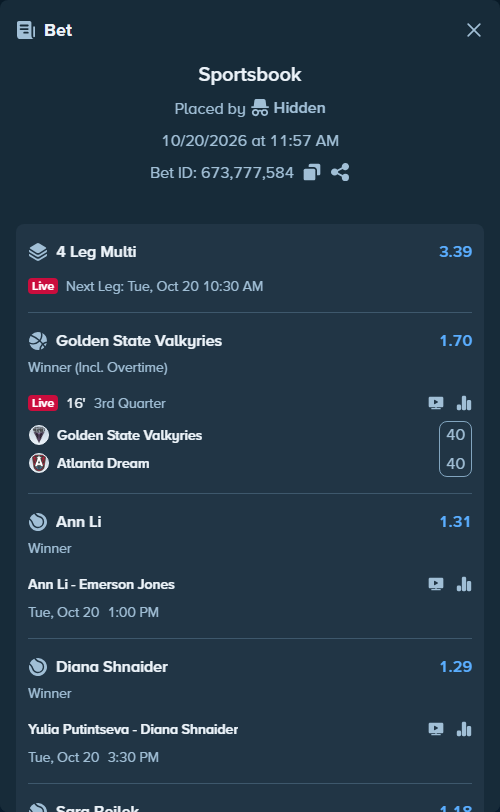 Bet slip: Golden State Valkyries - Atlanta Dream, $68,000.00 stake at 1.70 odds, placed by Hidden