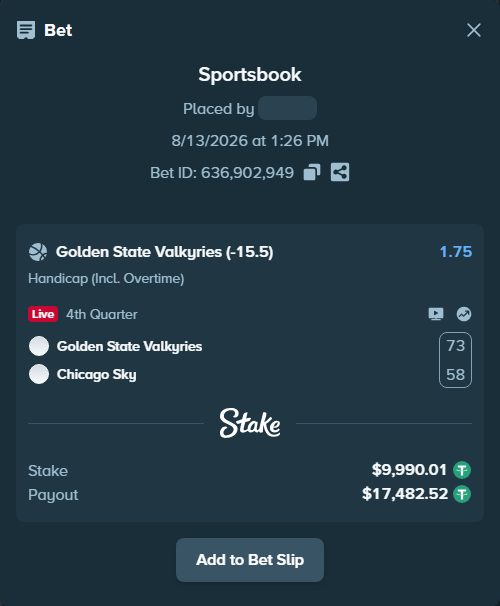 Bet slip: Golden State Valkyries - Chicago Sky, $10,000.00 stake at 1.75 odds, placed by Rovangood