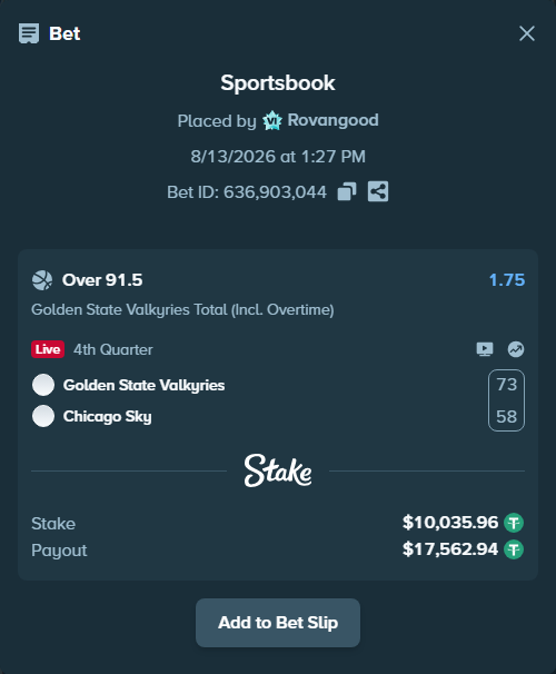 Bet slip: Golden State Valkyries - Chicago Sky, $10,046.00 stake at 1.75 odds, placed by Rovangood