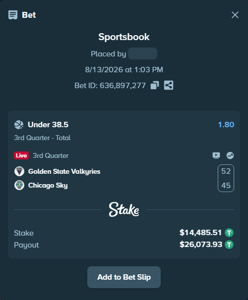 Bet slip: Golden State Valkyries - Chicago Sky, $14,500.00 stake at 1.80 odds, placed by Rovangood