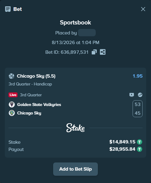 Bet slip: Golden State Valkyries - Chicago Sky, $14,864.00 stake at 1.95 odds, placed by Rovangood