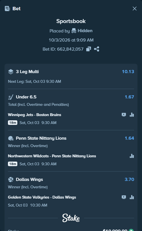 Bet slip: Golden State Valkyries - Dallas Wings, $10,000.00 stake at 3.70 odds, placed by WIZCAPA