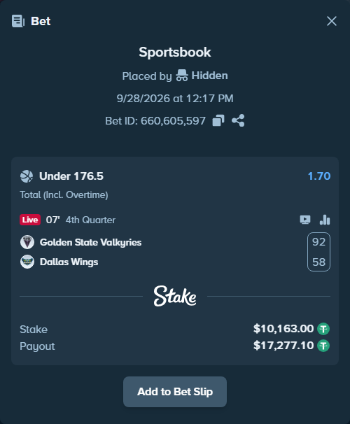 Bet slip: Golden State Valkyries - Dallas Wings, $10,163.00 stake at 1.70 odds, placed by Rovangood
