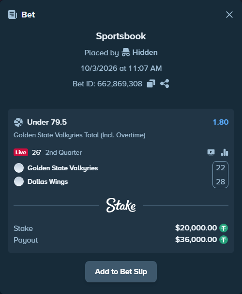 Bet slip: Golden State Valkyries - Dallas Wings, $20,000.00 stake at 1.80 odds, placed by Hidden