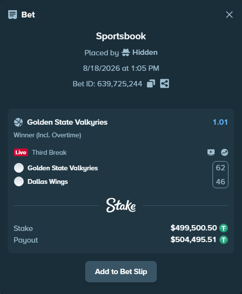 Bet slip: Golden State Valkyries - Dallas Wings, $500,000.00 stake at 1.01 odds, placed by Hidden