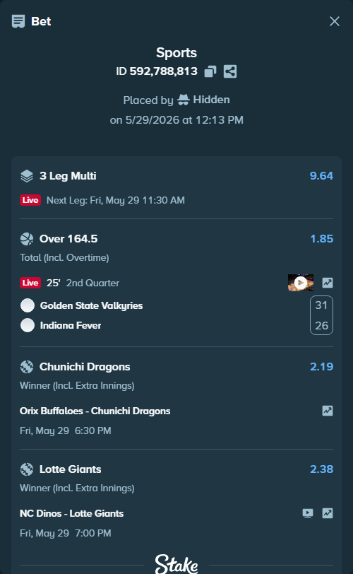Bet slip: Golden State Valkyries - Indiana Fever, $10,000.00 stake at 1.85 odds, placed by Hidden