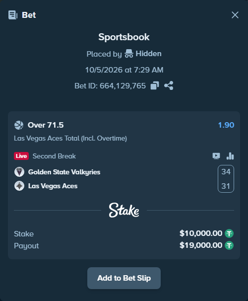 Bet slip: Golden State Valkyries - Las Vegas Aces, $10,000.00 stake at 1.90 odds, placed by Hidden