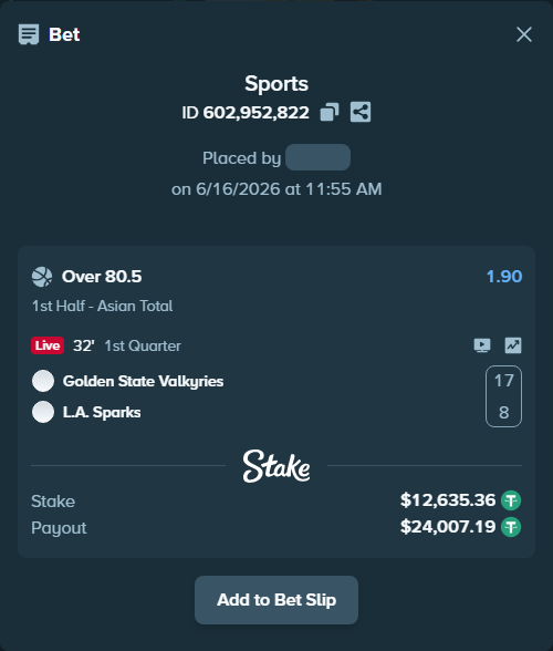 Bet slip: Golden State Valkyries - Los Angeles Sparks, $12,648.00 stake at 1.90 odds, placed by wills888
