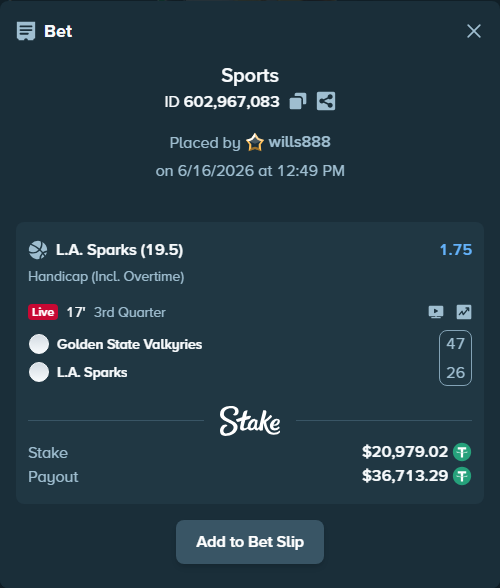 Bet slip: Golden State Valkyries - Los Angeles Sparks, $21,000.00 stake at 1.75 odds, placed by wills888