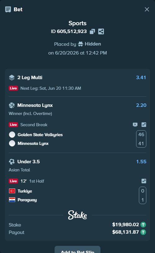 Bet slip: Golden State Valkyries - Minnesota Lynx, $20,000.00 stake at 2.20 odds, placed by Hidden