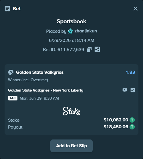 Bet slip: Golden State Valkyries - New York Liberty, $10,092.08 stake at 1.83 odds, placed by zhanjinkun