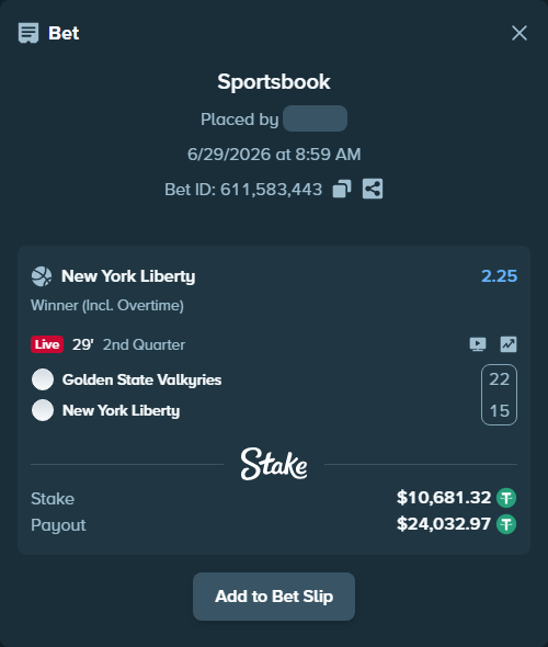 Bet slip: Golden State Valkyries - New York Liberty, $10,692.00 stake at 2.25 odds, placed by ricky7wdr
