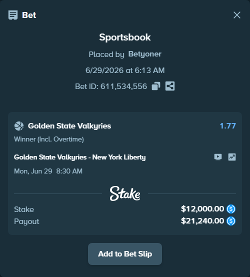 Bet slip: Golden State Valkyries - New York Liberty, $12,000.00 stake at 1.77 odds, placed by Betyoner