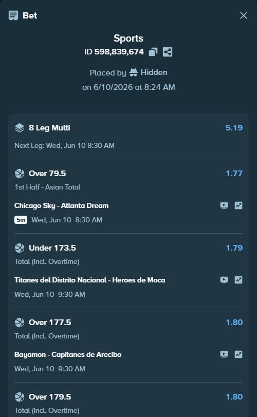 Bet slip: Golden State Valkyries - Phoenix Mercury, $10,000.00 stake at 1.76 odds, placed by Hidden
