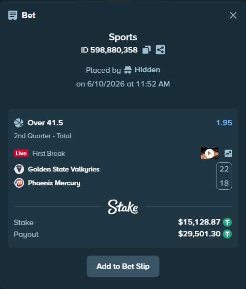 Bet slip: Golden State Valkyries - Phoenix Mercury, $15,144.00 stake at 1.95 odds, placed by Hidden