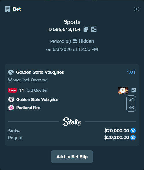 Bet slip: Golden State Valkyries - Portland Fire, $20,000.00 stake at 1.01 odds, placed by Hidden
