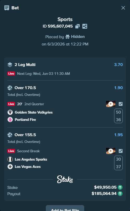 Bet slip: Golden State Valkyries - Portland Fire, $50,000.00 stake at 1.90 odds, placed by Hidden