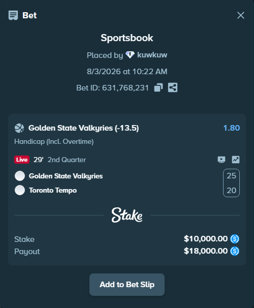 Bet slip: Golden State Valkyries - Toronto Tempo, $10,000.00 stake at 1.80 odds, placed by kuwkuw