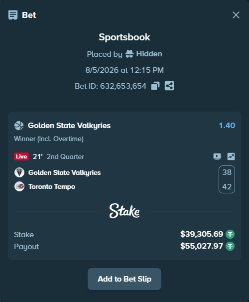 Bet slip: Golden State Valkyries - Toronto Tempo, $39,345.00 stake at 1.40 odds, placed by Hidden