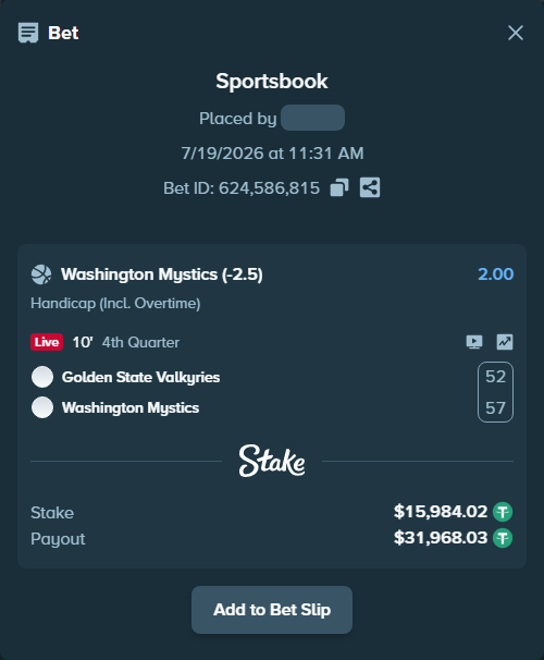 Bet slip: Golden State Valkyries - Washington Mystics, $16,000.00 stake at 2.00 odds, placed by Liron5555