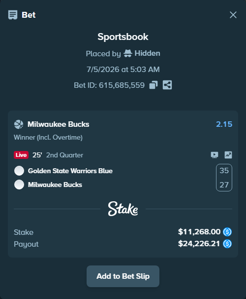Bet slip: Golden State Warriors Blue - Milwaukee Bucks, $11,268.00 stake at 2.15 odds, placed by Hidden