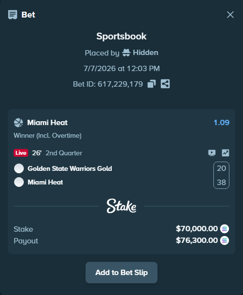 Bet slip: Golden State Warriors Gold - Miami Heat, $69,789.27 stake at 1.09 odds, placed by Hidden