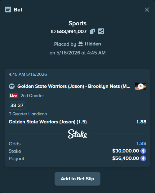Bet slip: Golden State Warriors (Jason) - Brooklyn Nets (Marcus), $23,364.15 stake at 1.88 odds, placed by Hidden